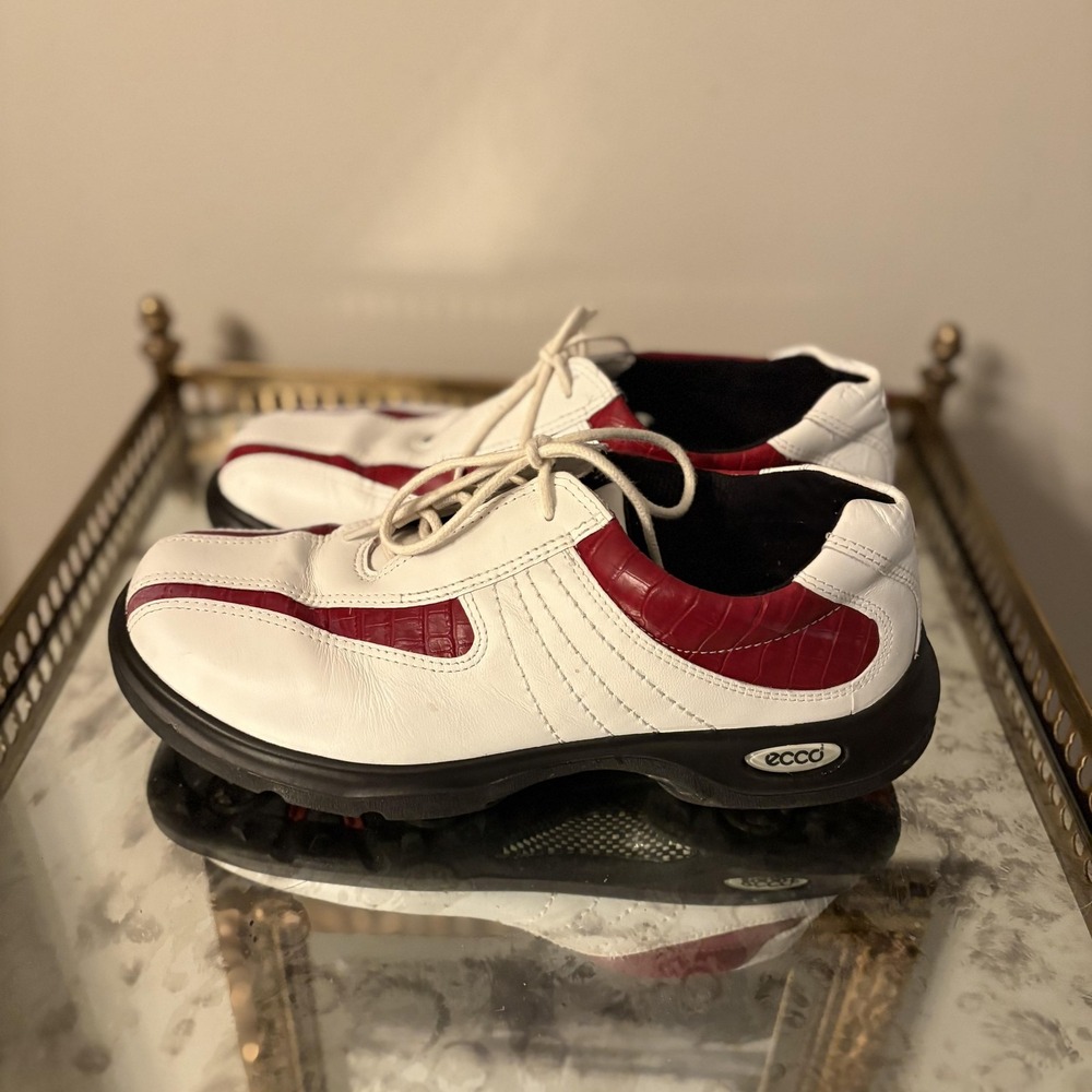 Ecco Golf Shoes Womens Size EU‎ 40 White Red Leather Spiked Croc Embossed Cleats